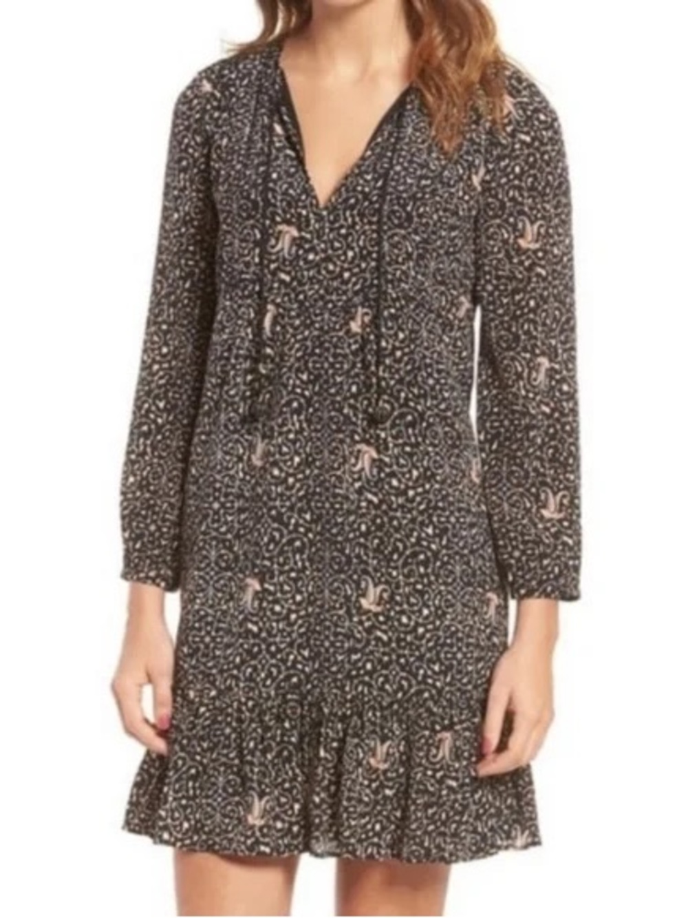 Women’s Madewell Black Floral Print V-Neck Long Sleeve Dress, Size 0